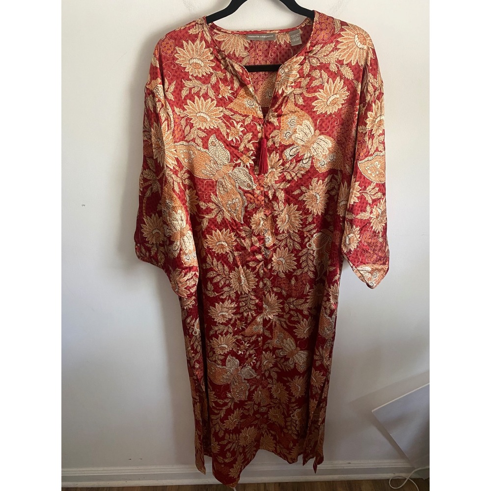 Valerie Stevens Red Floral Butterfly Satin Caftan Maxi Robe Tassel Small Kimono